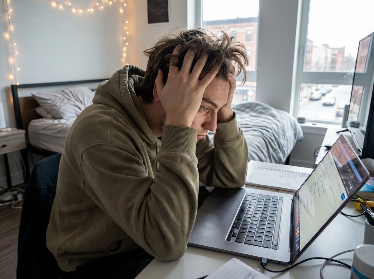 A frustrated young Gen Z person sitting in front of a laptop with many browser tabs open, looking stressed and tired, modern bedroom background, realistic photography, 4:3 aspect ratio, no text