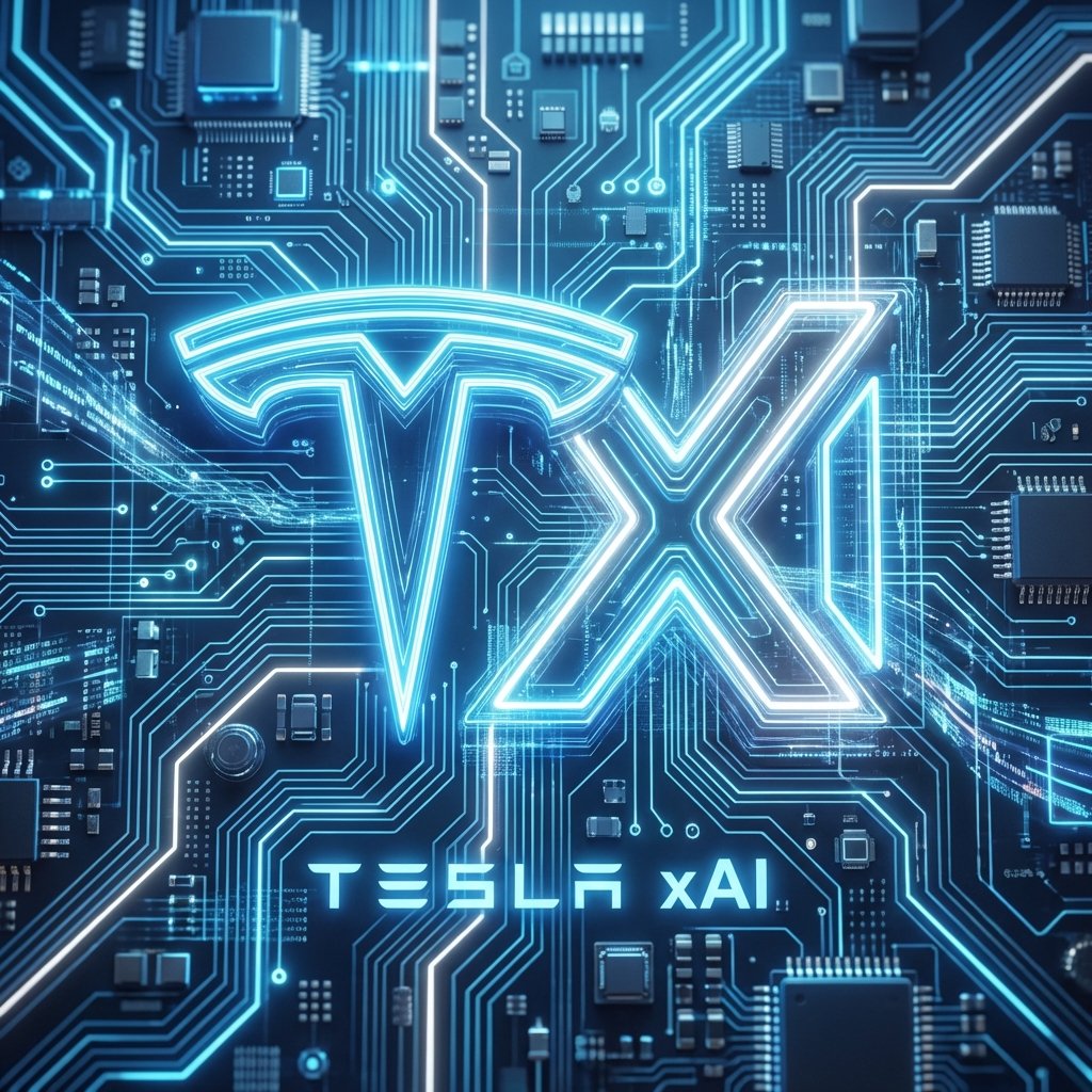 A futuristic digital representation of the Tesla logo and xAI logo merging together on a high-tech circuit board background, neon blue and white lighting, 1:1