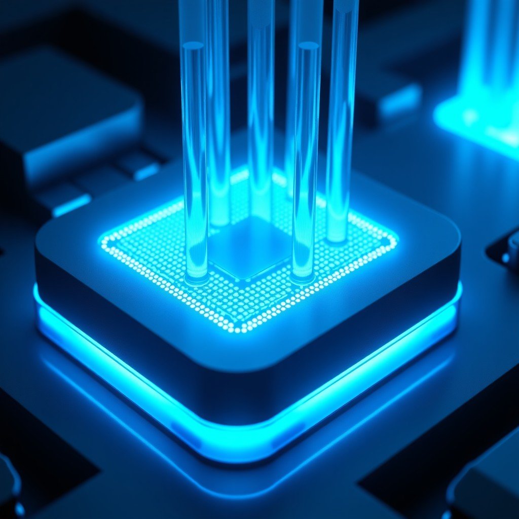 Close-up of a high-performance liquid cooling system for AI chips with transparent tubes and glowing blue fluid, high-tech engineering detail, 4:3