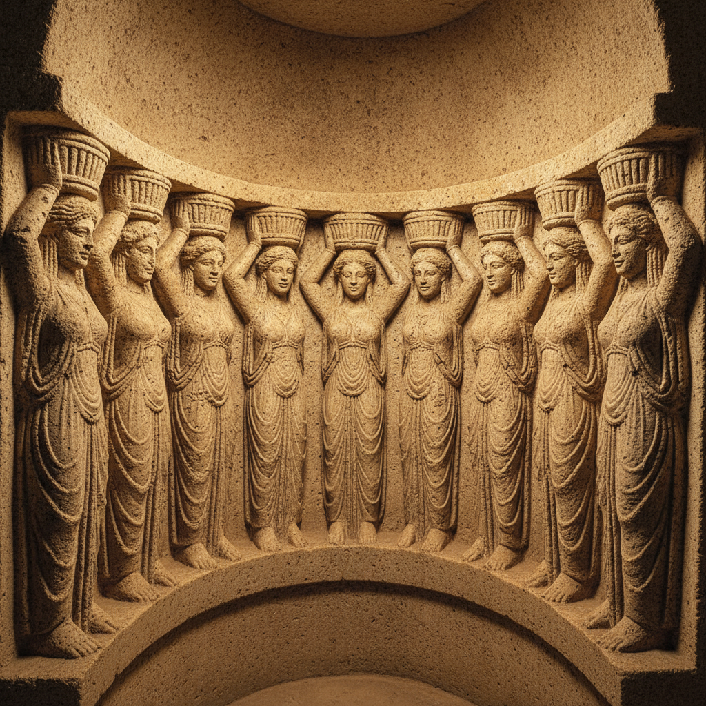 무덤 내부의 10인 여인 조각상 상세 모습