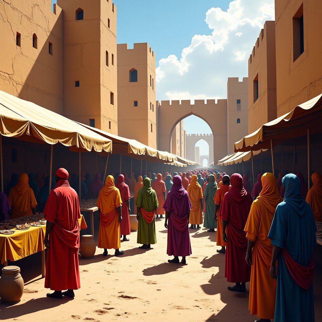 A vibrant and bustling marketplace in a 15th-century West African empire with advanced stone architecture and scholarly people engaged in trade. The scene features people in colorful traditional woven garments. High contrast, textured background, artistic rendering. 4:3