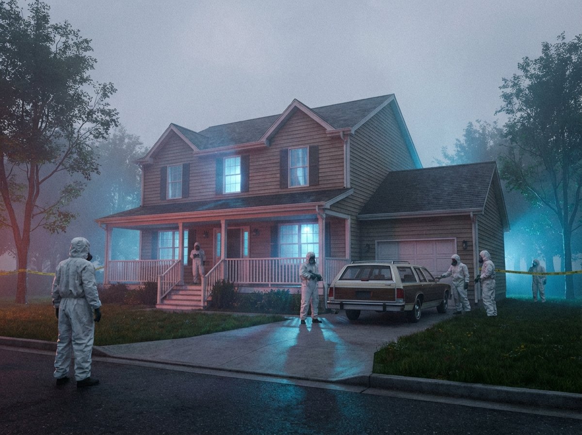 Men in white biohazard suits surrounding a typical 1980s American suburban house at dawn, mysterious blue glowing lights, cinematic atmosphere, 4:3