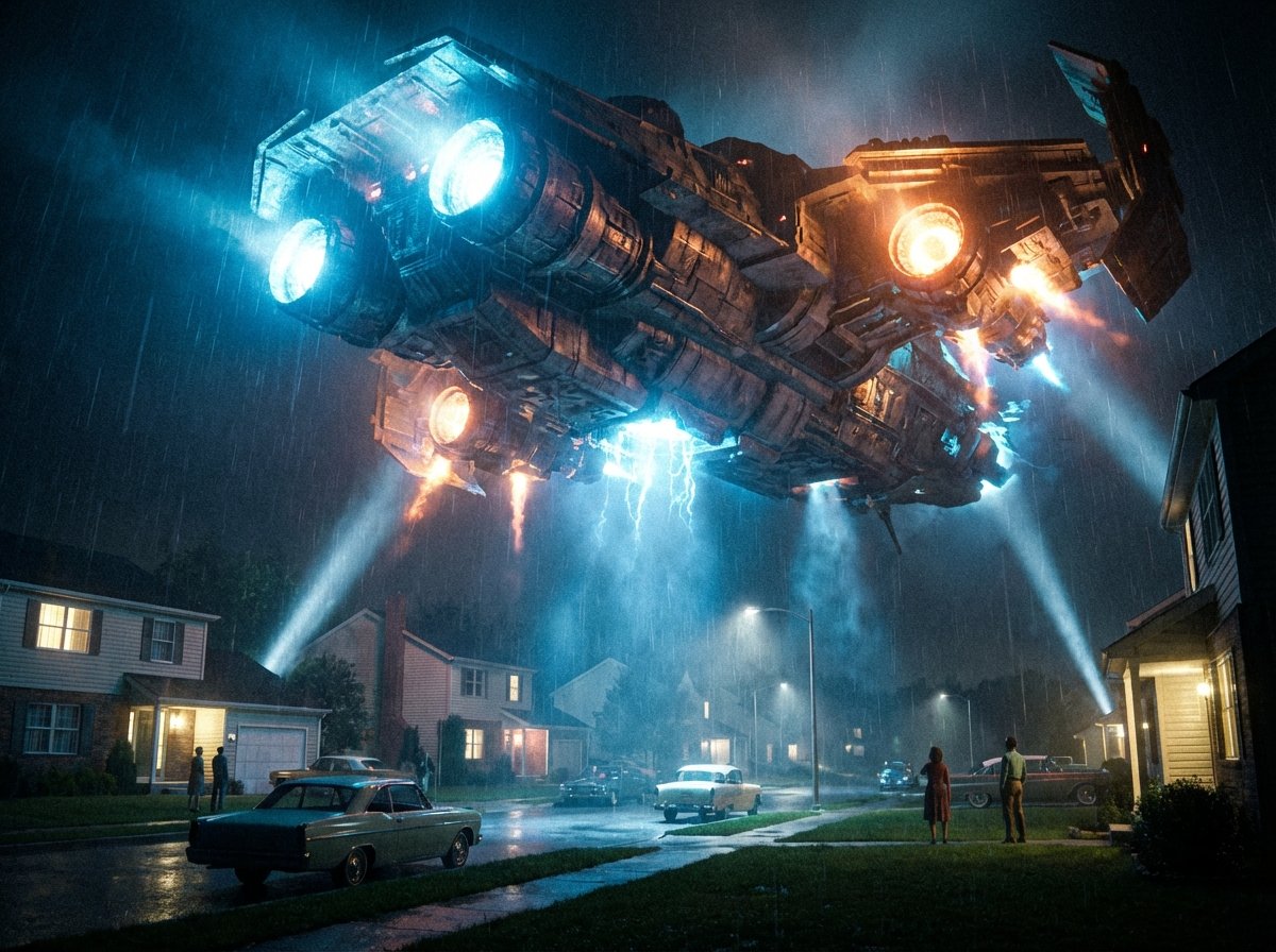A massive glowing spaceship descending over a suburban street at night, neighborhood houses, cinematic blue and orange lights, high contrast, 4:3