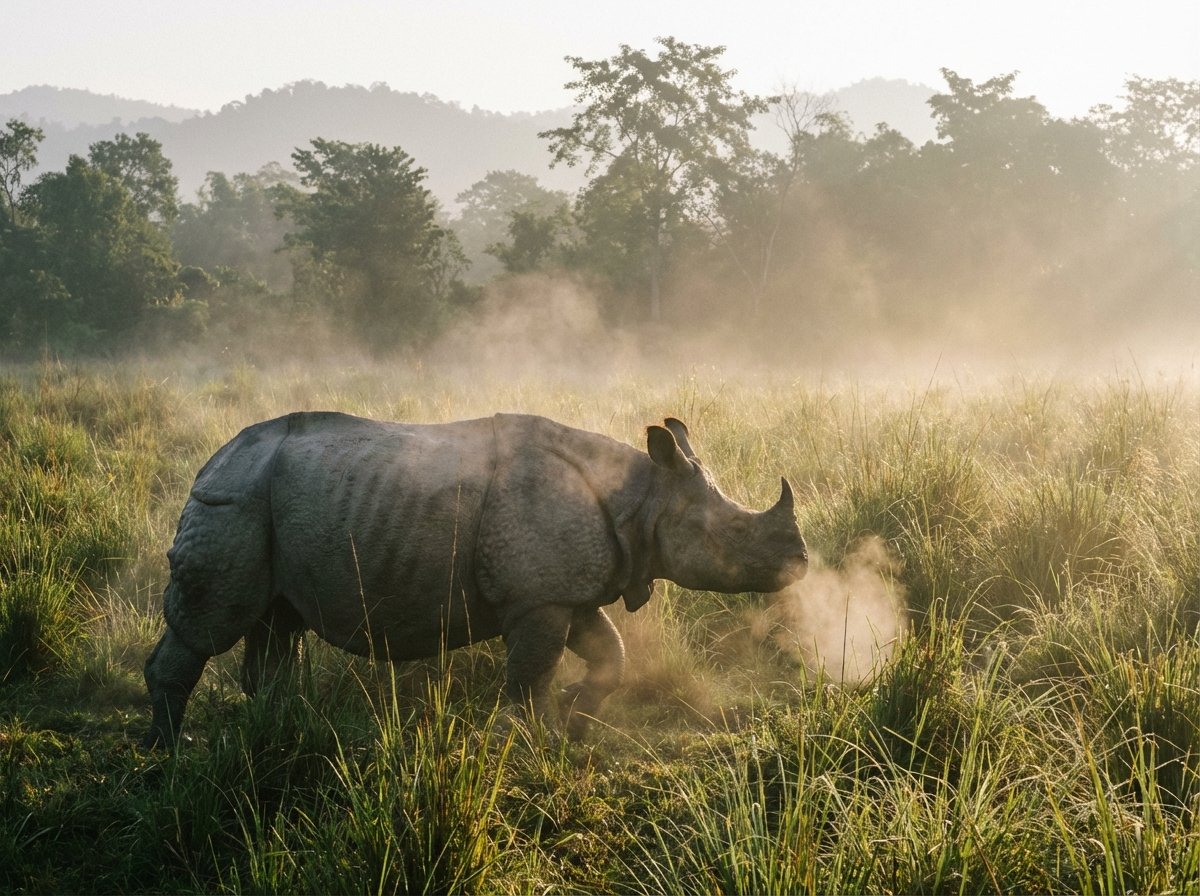 A majestic one-horned rhinoceros walking through the tall elephant grass in the misty morning of Chitwan National Park, Nepal, soft golden sunlight, hyper-realistic nature photography, 4:3