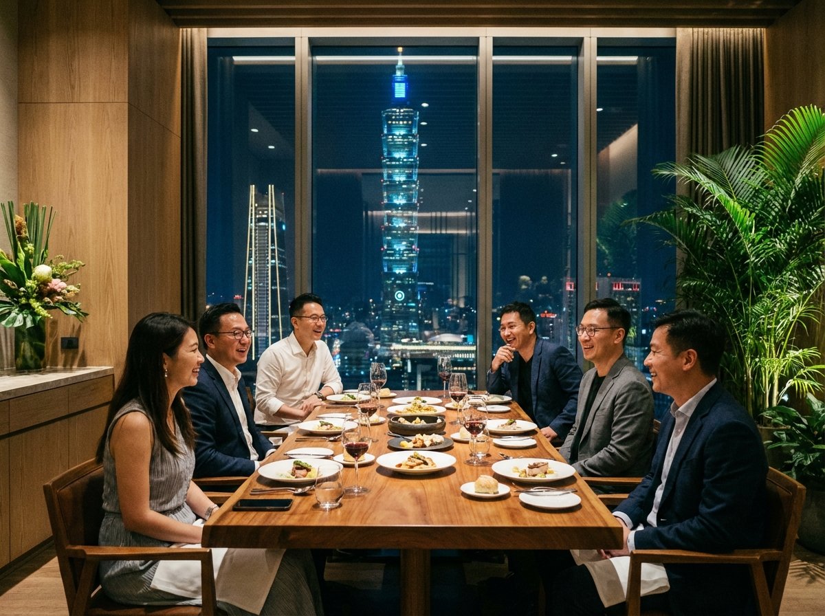 A realistic lifestyle image of several high-profile Asian tech executives having a formal dinner at a luxurious modern restaurant in Taipei. Through the window, the Taipei 101 skyscraper is visible in the night city skyline. Warm and professional atmosphere. 4:3