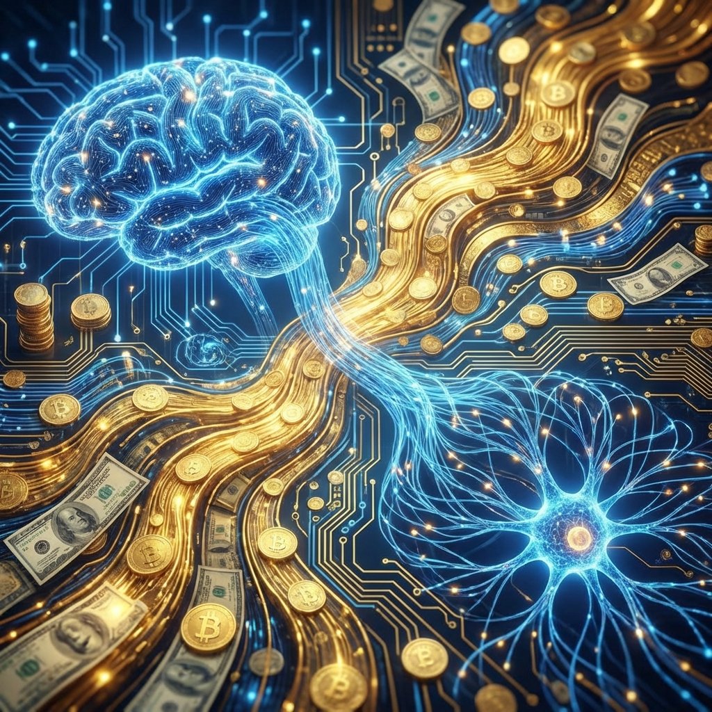 A detailed and abstract composition showing digital neural networks intertwined with golden currency flow patterns. The lighting is bright and balanced, representing a prosperous technological future. Blue and gold color palette. 1:1