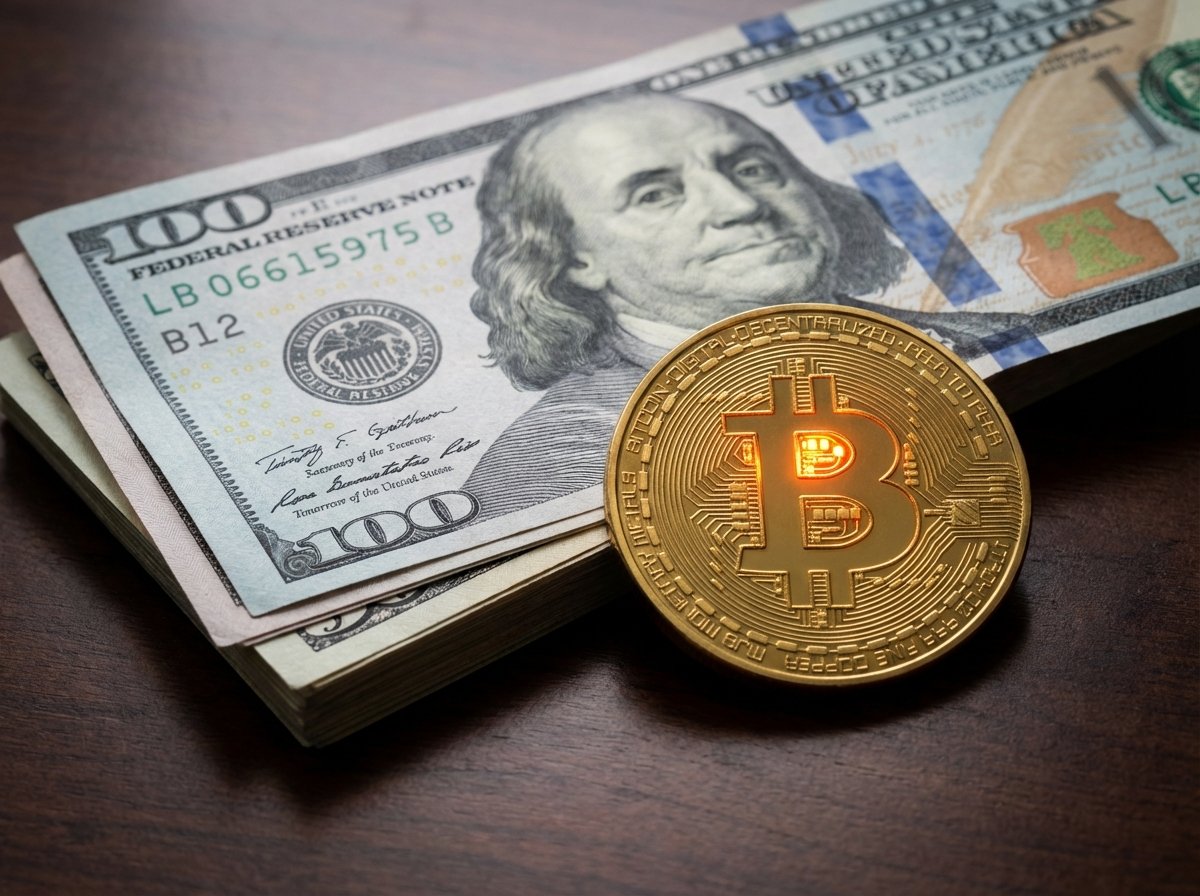 Close up shot of crisp US dollar bills piled next to a glowing physical Bitcoin coin, emphasizing the contrast between traditional currency and digital assets. Professional studio lighting, soft shadows, 4:3