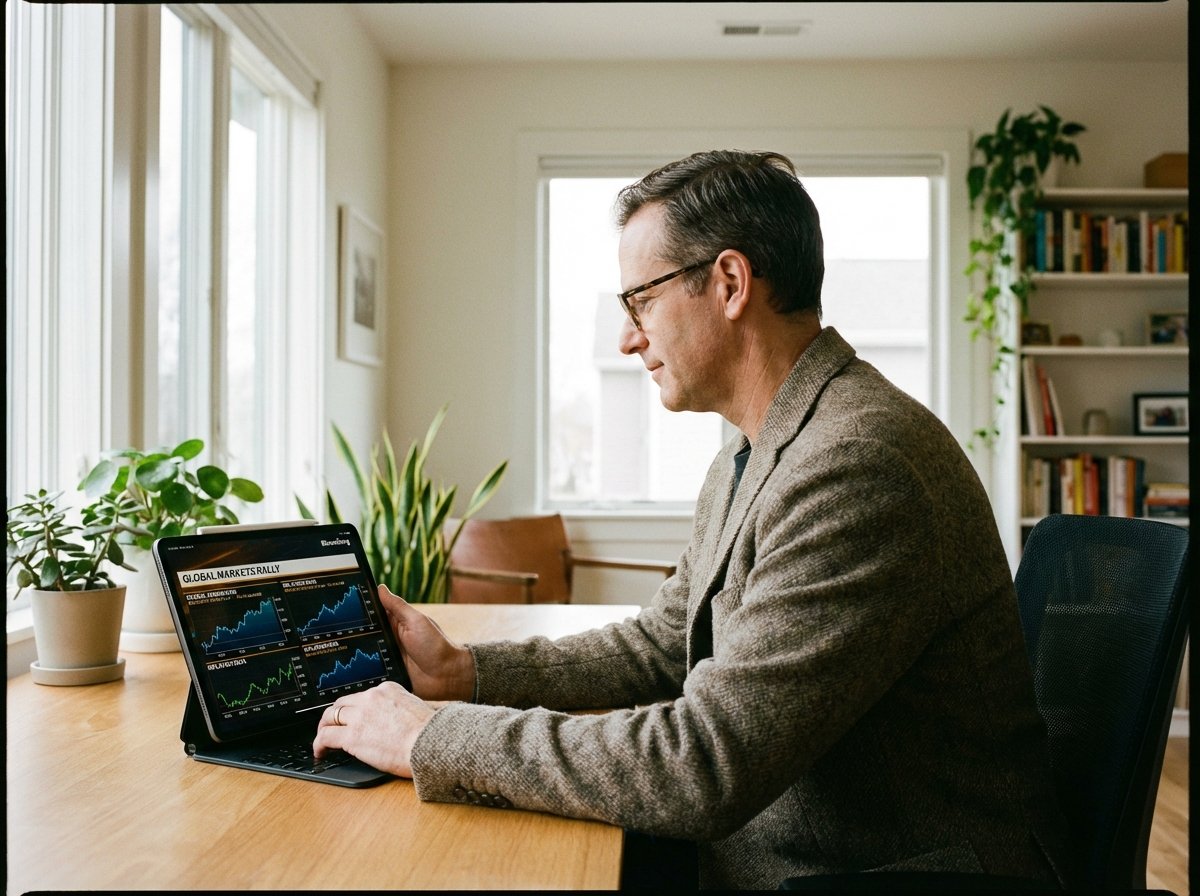 A professional individual calmly looking at a tablet showing financial news and charts. Natural indoor lighting, modern minimalist home office setting, 4:3