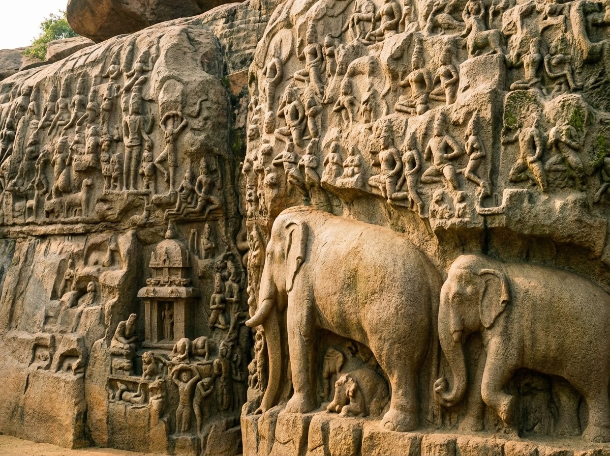 Close-up of the detailed rock-cut bas-relief 'Arjuna's Penance' in Mahabalipuram. Detailed carvings of life-sized elephants and mythological figures on a massive granite rock surface. Warm natural daylight highlighting the textures of the stone. Group of Monuments at Mahabalipuram. 4:3