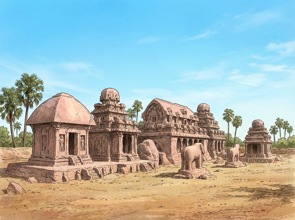 A wide shot of the Pancha Rathas complex in Mahabalipuram. Five monolithic chariot-shaped temples carved out of a single piece of pink granite. The structures are surrounded by sandy ground and palm trees under a clear blue sky. High detail, cultural heritage style illustration. 4:3