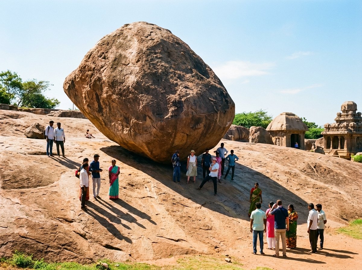 Krishna's Butterball, a giant natural balancing rock on a smooth stone slope in Mahabalipuram. People are standing nearby to show the scale of the boulder. Sunny day with bright shadows, vivid colors of the landscape. Group of Monuments at Mahabalipuram. 4:3