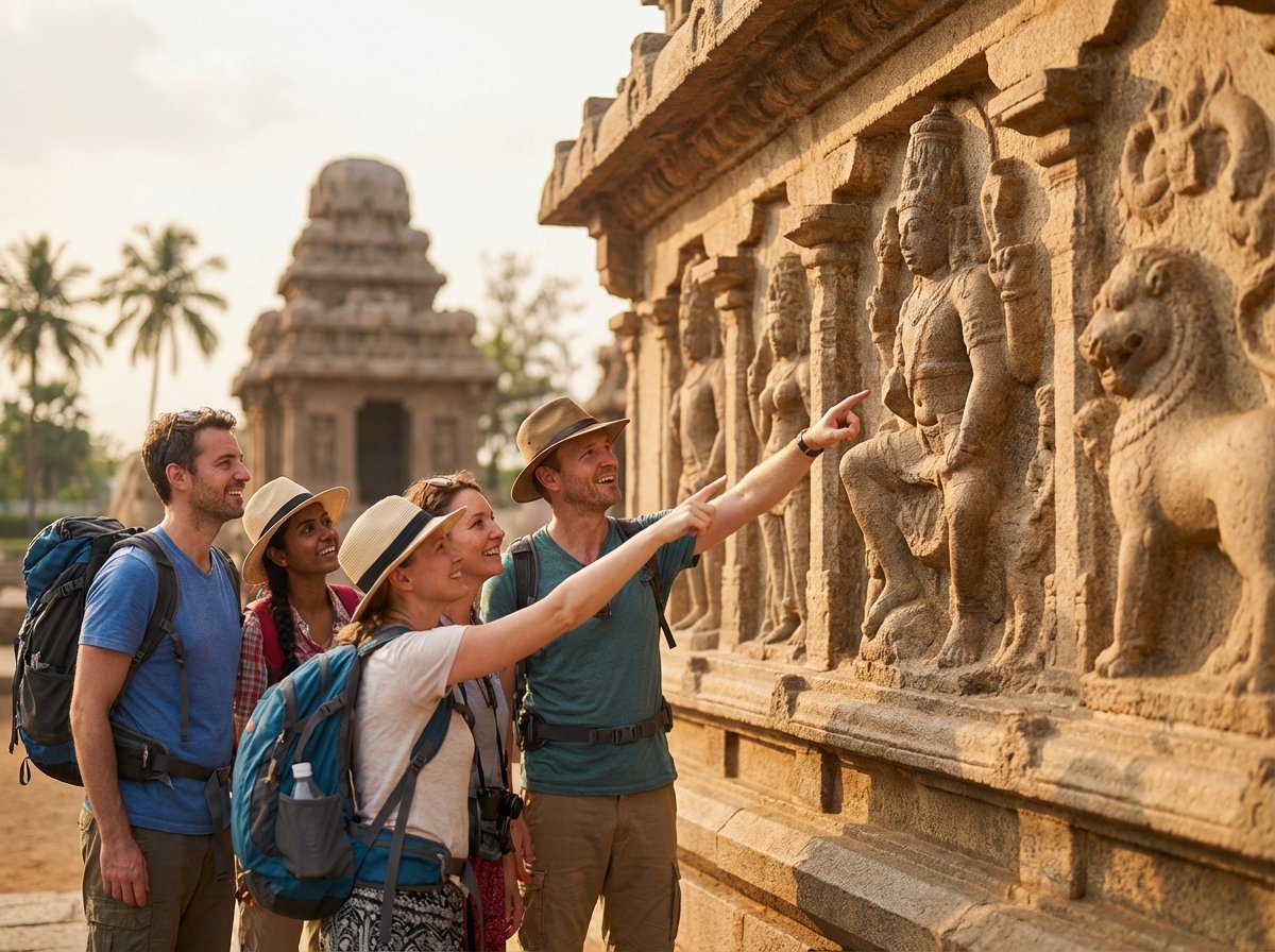 Tourists exploring the intricate stone carvings of an ancient Indian temple at Mahabalipuram. Natural expressions of wonder, warm sunlight reflecting off the old granite walls. Soft focus background showing other monuments. Lifestyle photography style. 4:3