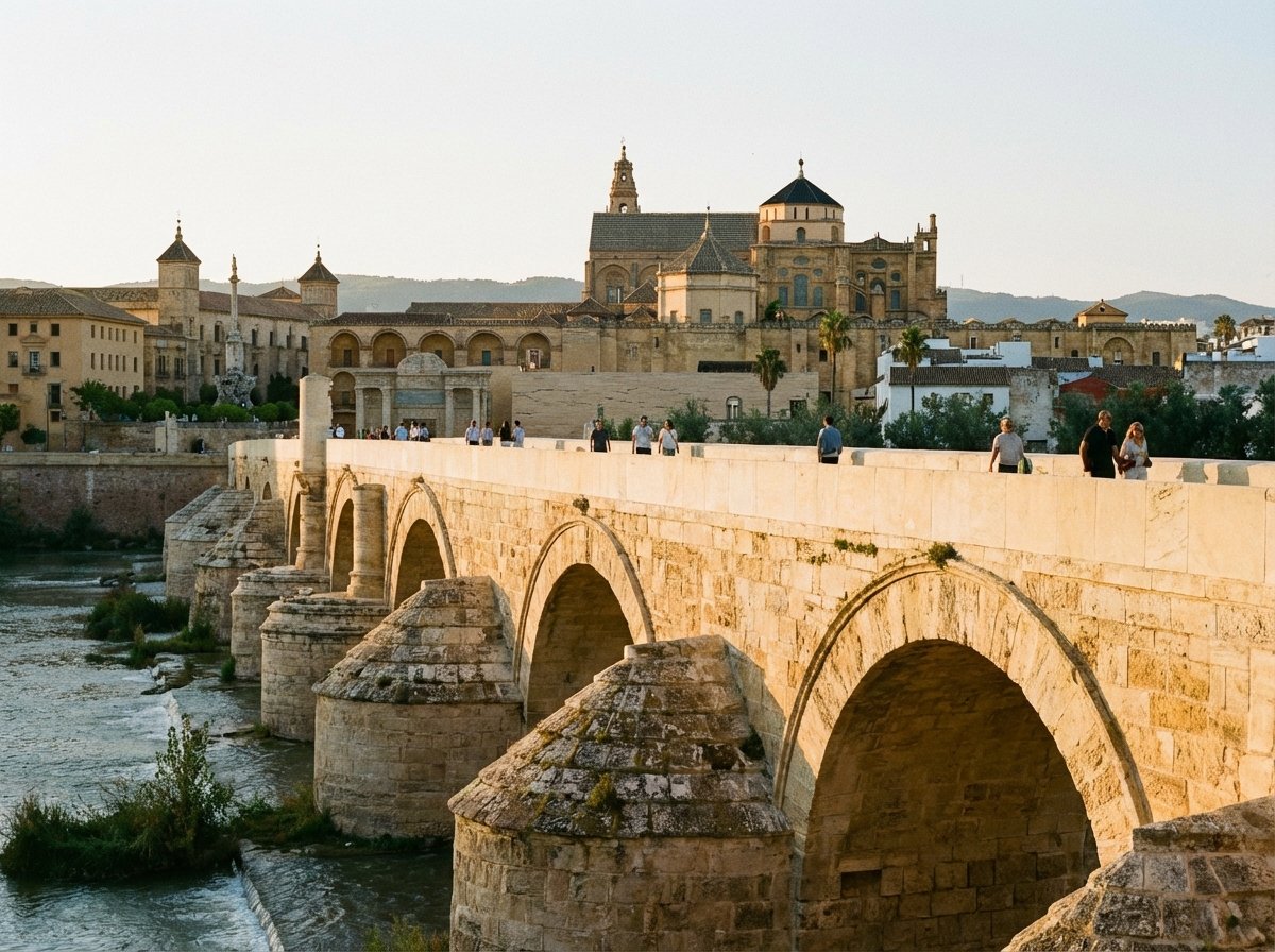 Close up of the Roman Bridge of Cordoba with its stone arches at sunset. The warm golden light hits the stone texture. People walking casually on the bridge. No text, high quality photography style. 4:3