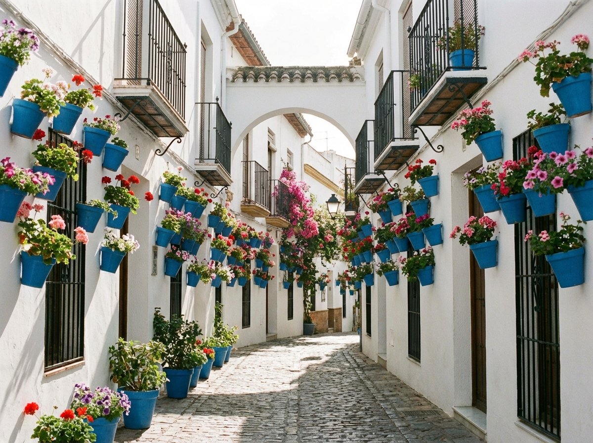 A narrow white-washed street in the Jewish Quarter of Cordoba, Spain. Blue flower pots with colorful flowers hanging on the walls. Sunny day, shadows on the cobblestone street. Traditional Andalusian style. 4:3