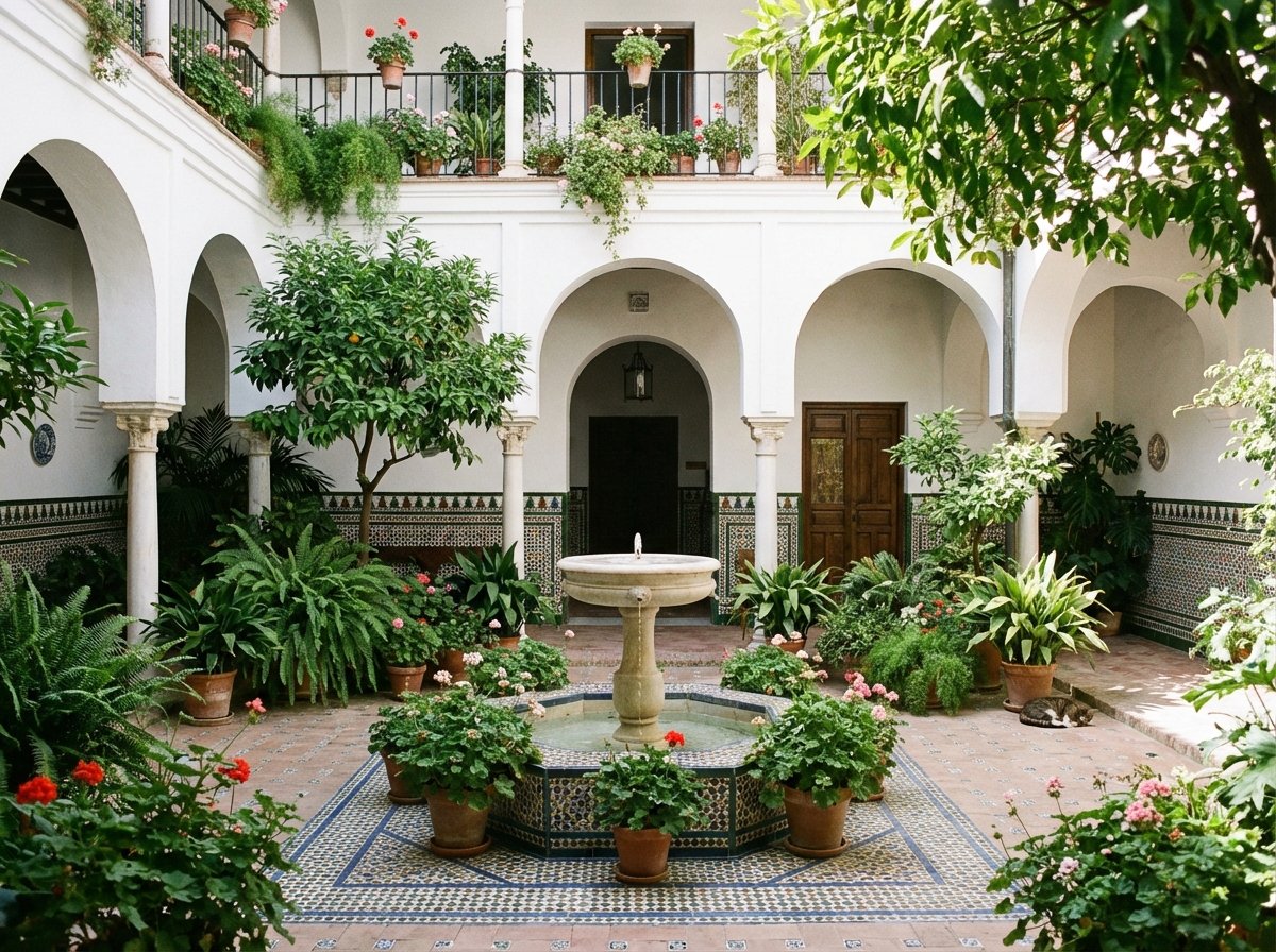 A traditional Andalusian patio in the Palacio de Viana, Cordoba. Lush green plants, ceramic tiles on the floor, a central stone fountain, and surrounding white arches. Elegant and peaceful atmosphere. 4:3
