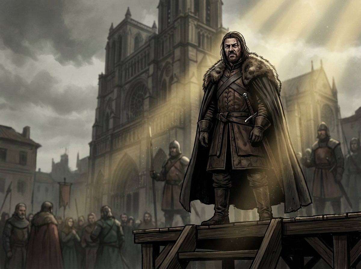 A dramatic illustration of Ned Stark standing on the scaffold at the Sept of Baelor, looking solemn and determined, medieval fantasy setting, cinematic lighting, artistic rendering, Ned Stark, 4:3