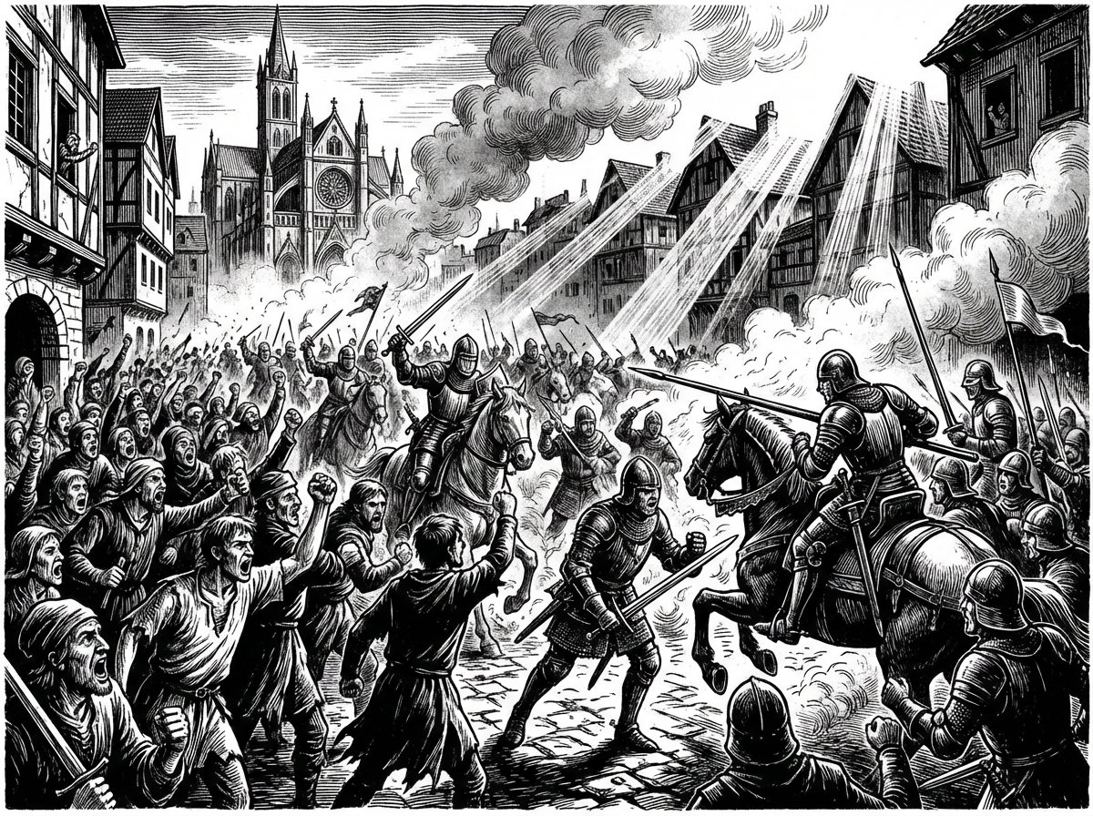 High contrast illustration of a chaotic medieval crowd in a city square, shouting people, knights trying to maintain order, sun rays through dust, cinematic atmosphere, 4:3