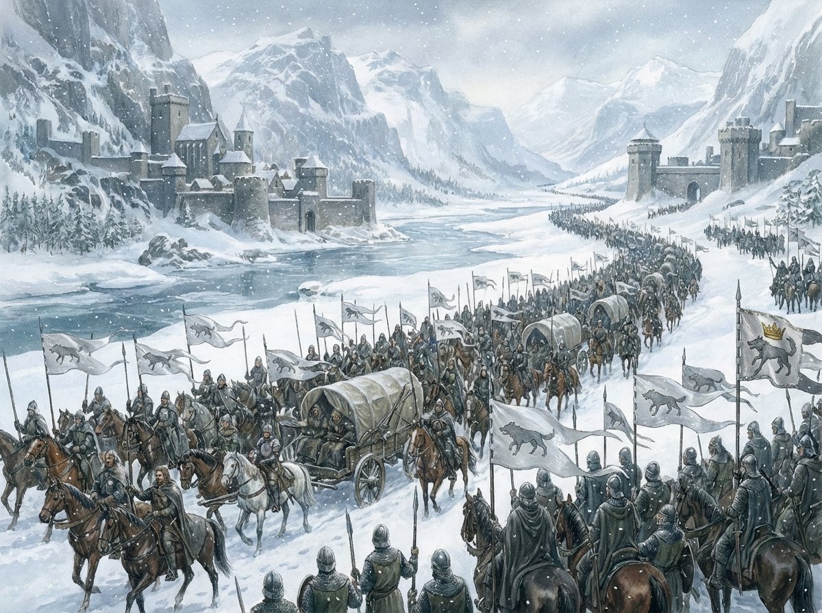 Wide shot illustration of a massive medieval army marching through a snowy landscape, carrying banners with a direwolf sigil, Ned Stark house banner, epic scale, 4:3