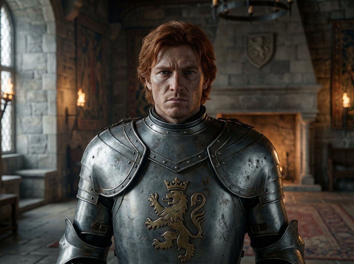 Detailed portrait of a young medieval king in heavy steel armor, reddish hair, serious expression, castle interior background, realistic lighting, 4:3