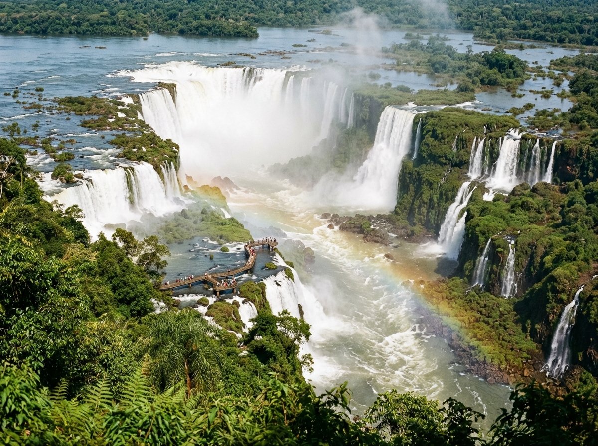 A panoramic view of the Iguazu Falls in Argentina, capturing multiple cascades of water surrounded by lush green rainforest. The scene is bright and vibrant, emphasizing the natural scale and beauty of the UNESCO World Heritage site. No text. 4:3