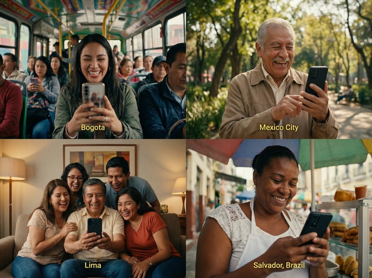 A montage showing different people in various Latin American settings—a bus, a park, a living room—all smiling while watching short videos on their phones. Soft warm lighting, cinematic composition. 4:3