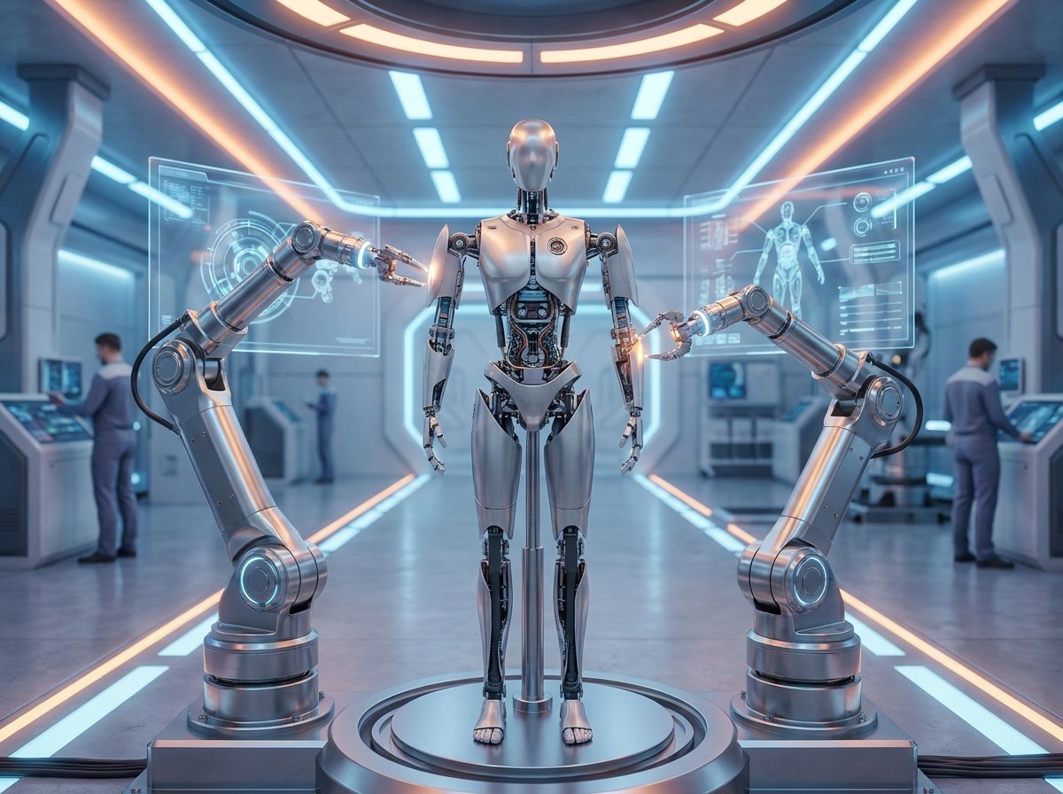 A sleek modern humanoid robot being assembled in a high-tech automated factory, soft cinematic lighting, futuristic industrial design, highly detailed robot parts, 4:3