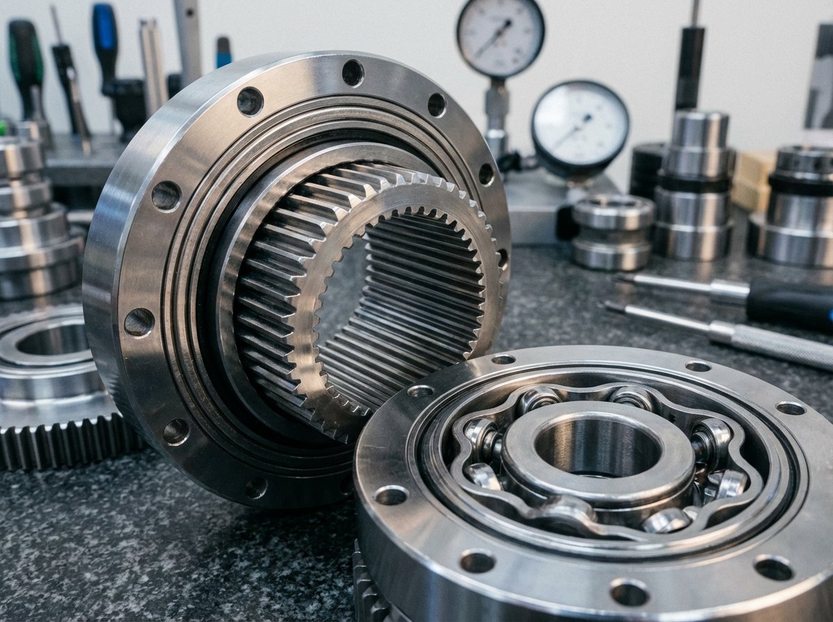 Close-up shot of high-precision metallic harmonic drive gears for robots, professional laboratory setting, silver and chrome finish, intricate mechanical details, 4:3