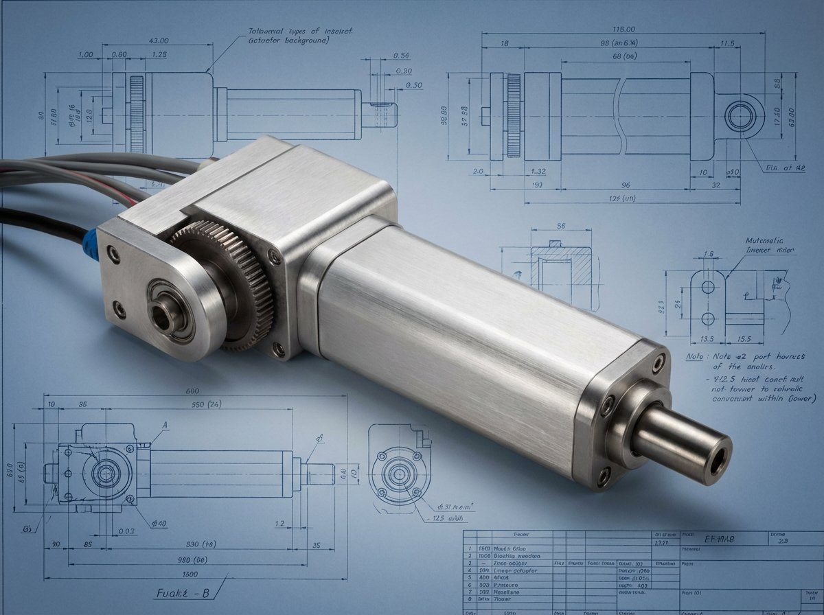 Modern linear actuator mechanical component used for robotic limbs, engineering blueprint style background, professional studio lighting, metallic texture, 4:3