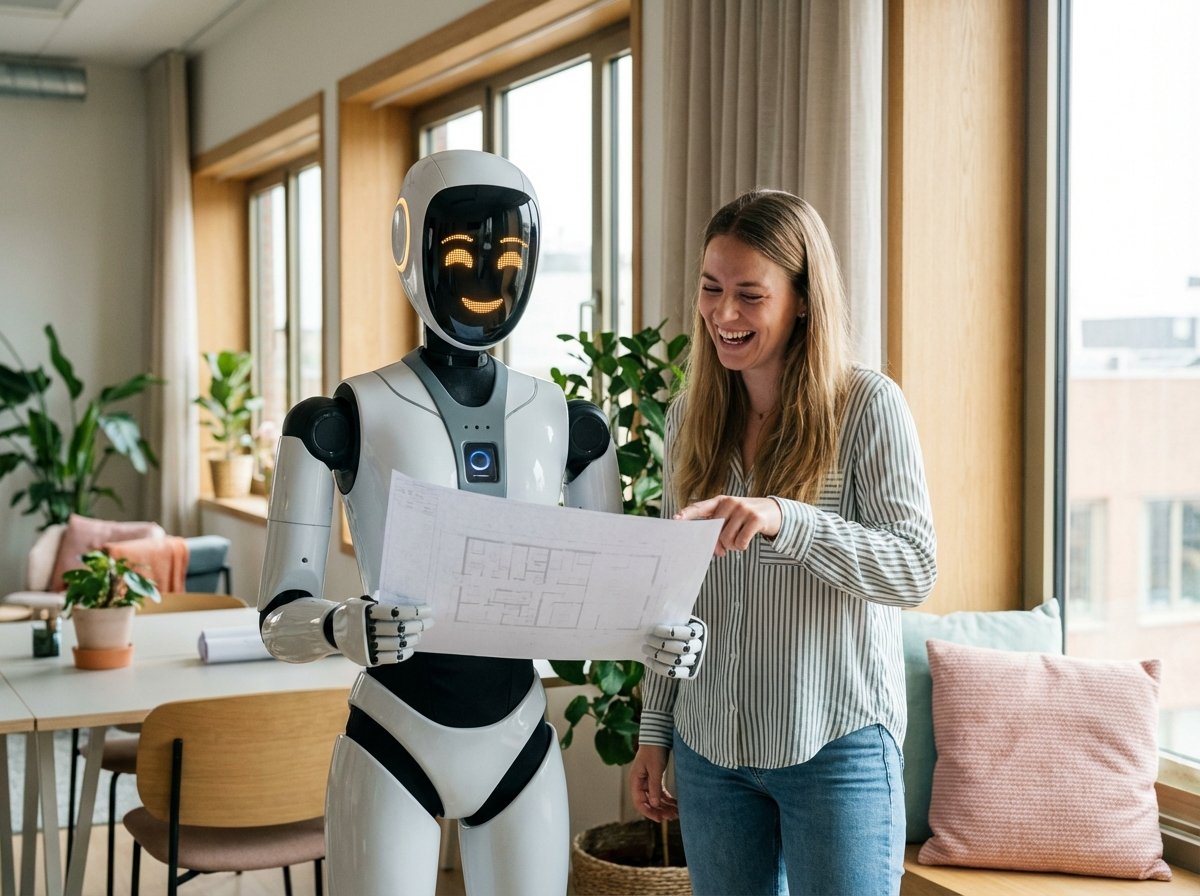 A friendly humanoid robot assisting a human in a modern bright office environment, natural daylight, soft colors, high-quality digital photography style, 4:3