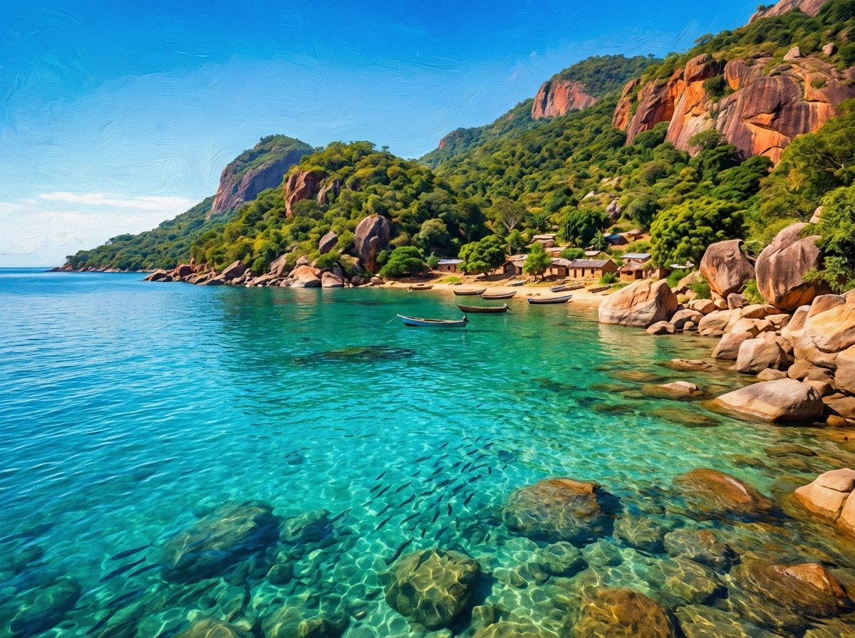A wide and scenic view of Lake Malawi National Park featuring crystal clear blue water surrounded by lush green mountains and rocky shores. The style is an artistic rendering with a textured background and vibrant natural colors. 4:3