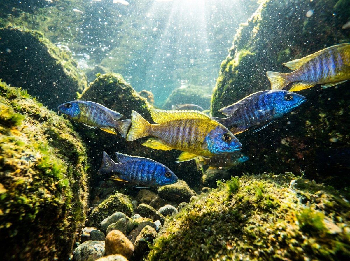 A high-contrast underwater macro photography of colorful cichlid fish swimming among rocks in the clear freshwater of Lake Malawi. The water is sparkling and the fish have vibrant blue and yellow scales. 4:3
