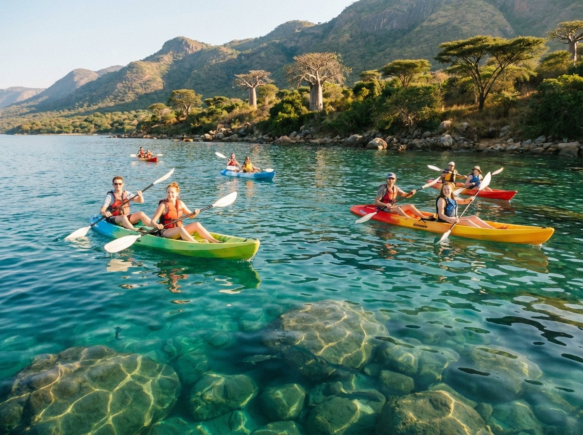 Lifestyle photography of people paddling kayaks on the crystal clear turquoise water of Lake Malawi. The sun is bright and the water is so transparent that rocks on the bottom are visible. Natural and warm lighting. 4:3