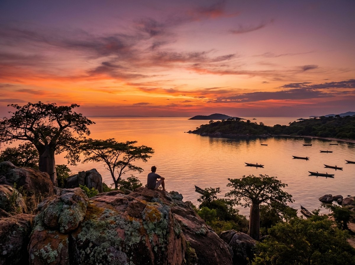 A peaceful and warm sunset view from a rocky viewpoint overlooking Lake Malawi National Park. The sky is painted with orange and purple hues reflecting on the calm water surface. Detailed composition. 4:3