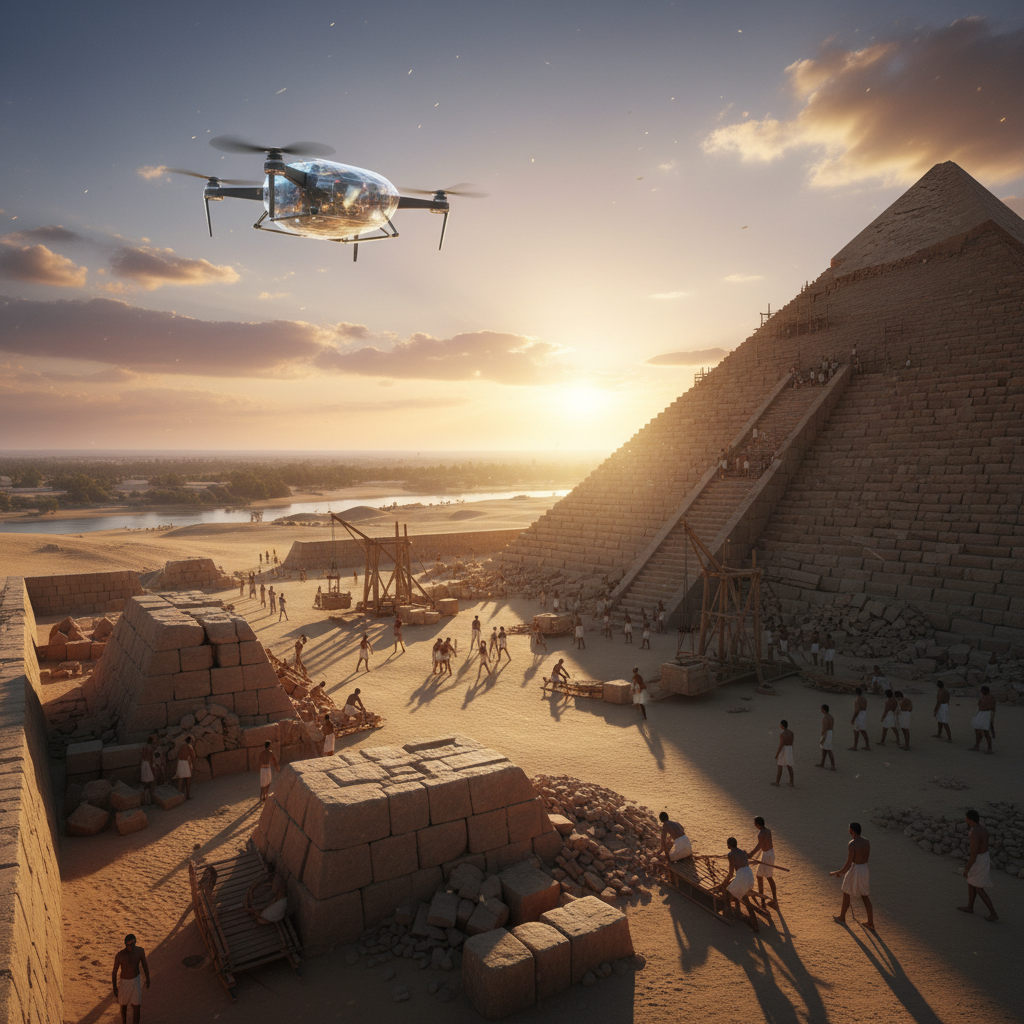 A small high-tech invisible drone hovering over an ancient Egyptian pyramid construction site, capturing golden hour lighting, cinematic atmosphere, no text, 4:3