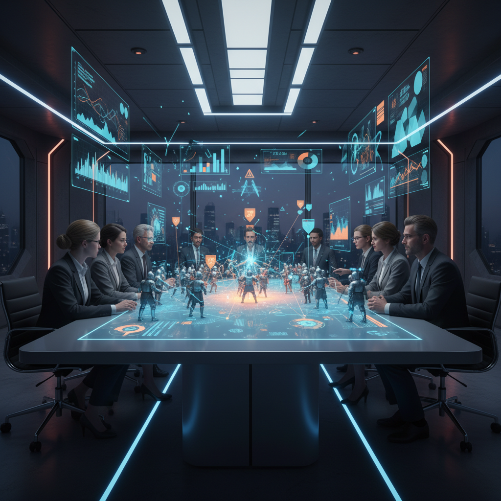 Historians in a modern conference room looking at a 3D hologram of a medieval battle, analyzing data points, blue and orange lighting, futuristic UI, no text, 4:3