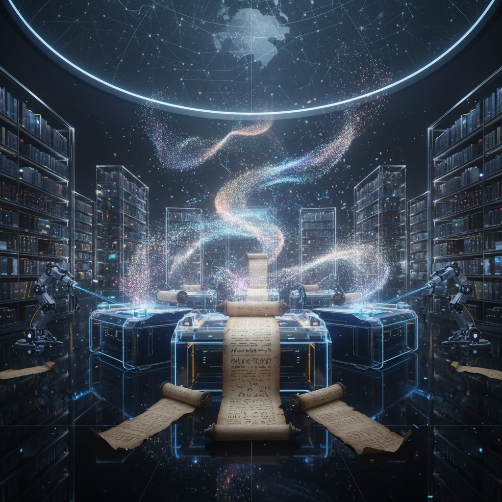 A digital library where ancient scrolls are being scanned and turned into glowing 3D particle data, mystical and high-tech atmosphere, no text, 4:3