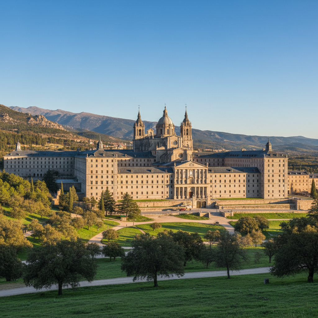 A wide-angle panoramic view of the Monastery and Site of the Escurial in Spain under a clear blue sky, majestic stone architecture, historic atmosphere, 4:3