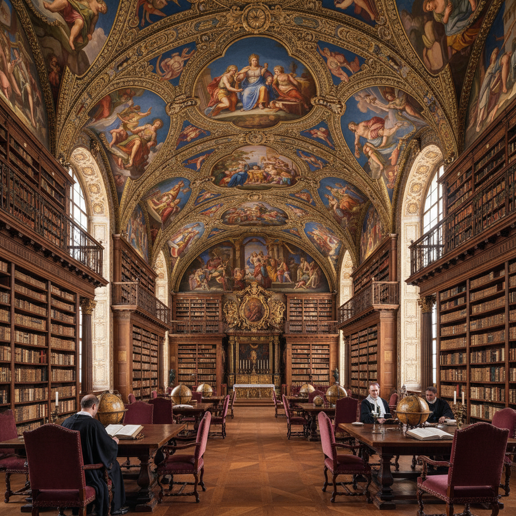 The grand interior of the Royal Library of El Escorial, featuring ornate ceiling frescoes and wooden bookshelves, warm lighting, scholarly atmosphere, 4:3