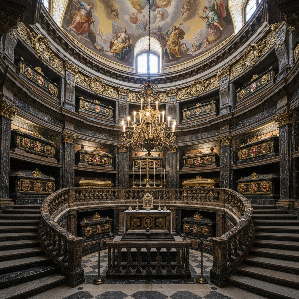 The ornate Royal Pantheon inside the Monastery of El Escorial, marble tombs of Spanish kings, solemn and grand interior, 4:3