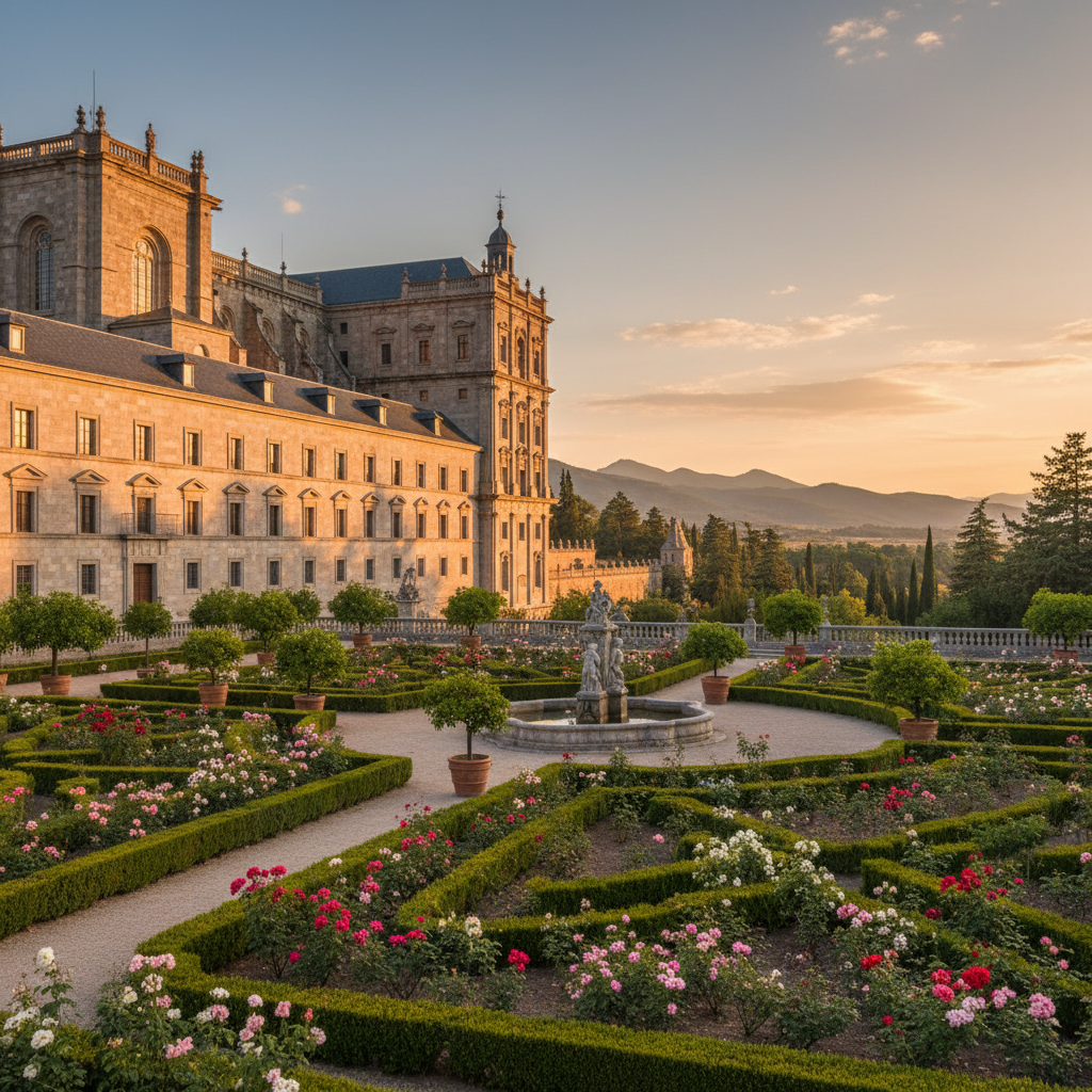 A beautiful garden view with the facade of the El Escorial monastery in the background, classic Spanish landscape, afternoon sunlight, 4:3