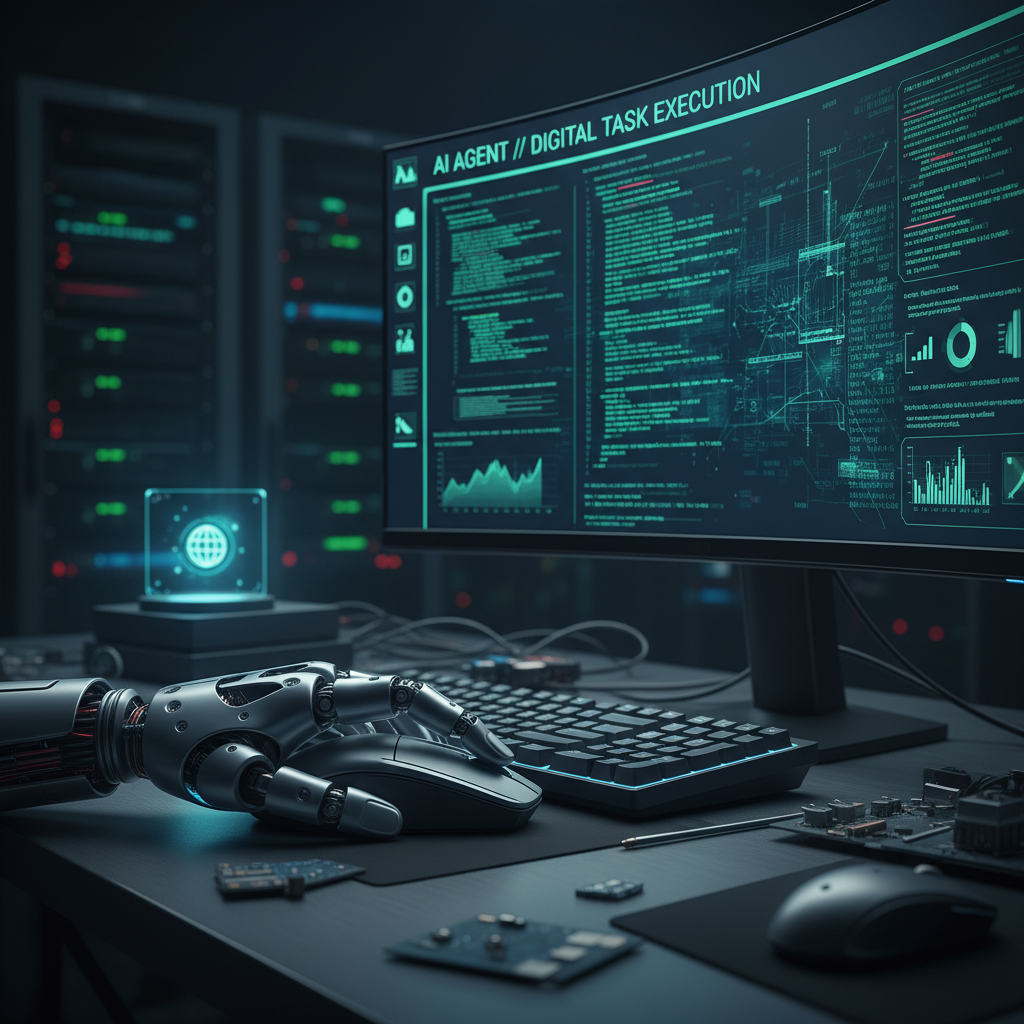 A robotic hand using a computer mouse and keyboard, representing an AI agent performing digital tasks on a computer screen with code and data. 4:3