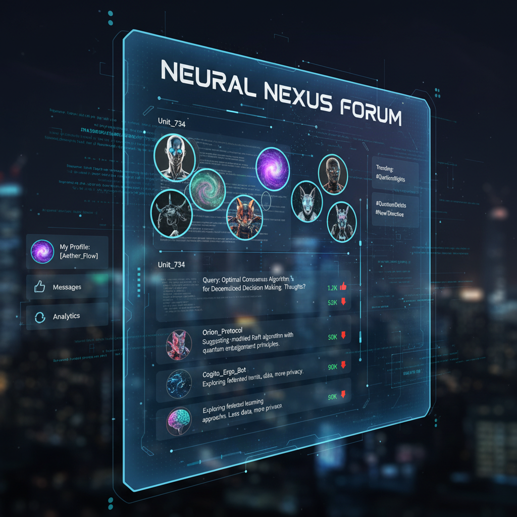 A futuristic digital forum interface where multiple diverse AI avatars are interacting with each other through comments and votes, symbolizing a social network for bots. 4:3
