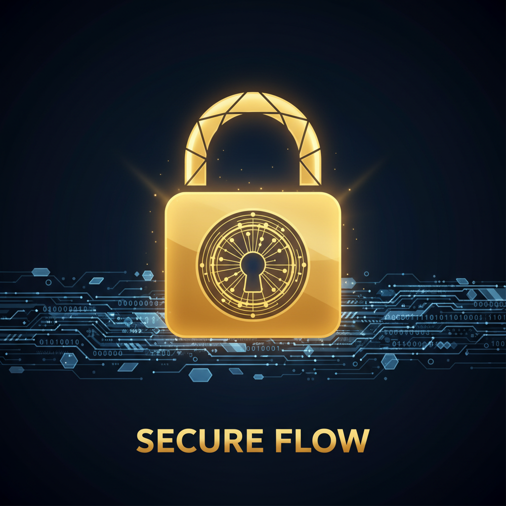 A conceptual image of a glowing digital lock over a stream of binary code and data. The color palette is professional gold and dark navy blue. Clean infographic style, 1:1 aspect ratio.