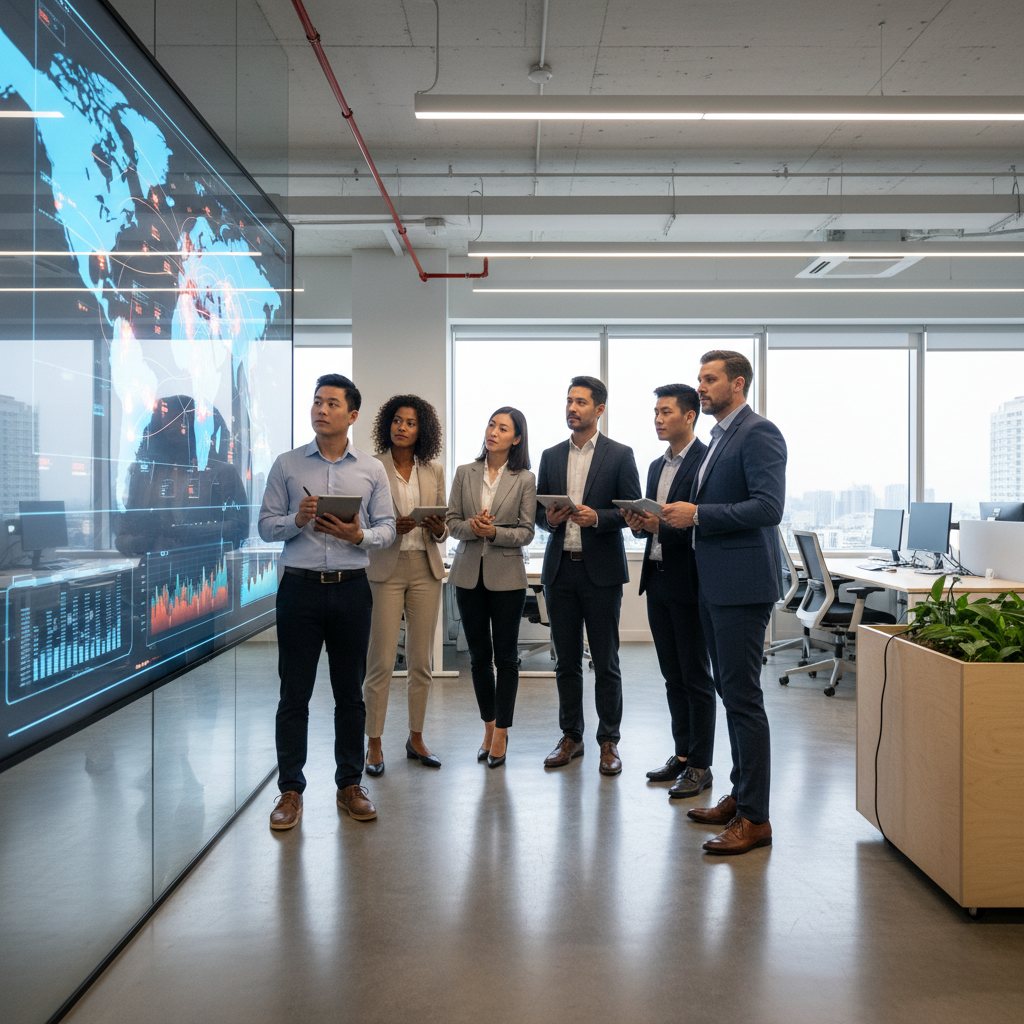 A diverse group of professionals in a modern office looking at a large screen displaying global data maps. Bright and balanced lighting, realistic setting, 4:3 aspect ratio.