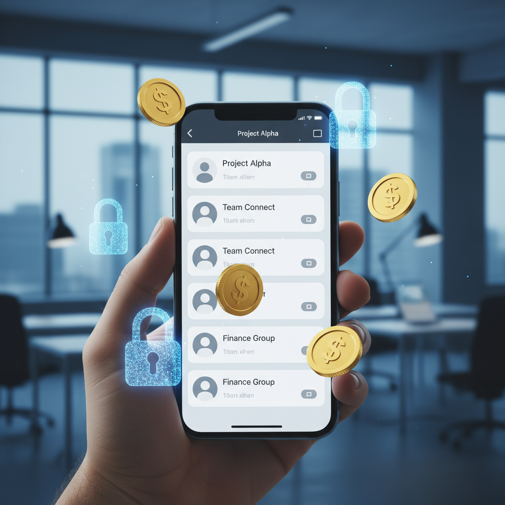 A smartphone screen displaying a messaging app interface with multiple chat groups. Icons of gold coins and digital locks are floating around the phone. The background is a dark professional office setting with soft blue lighting. Realistic lifestyle photography. No text or Korean characters. 4:3