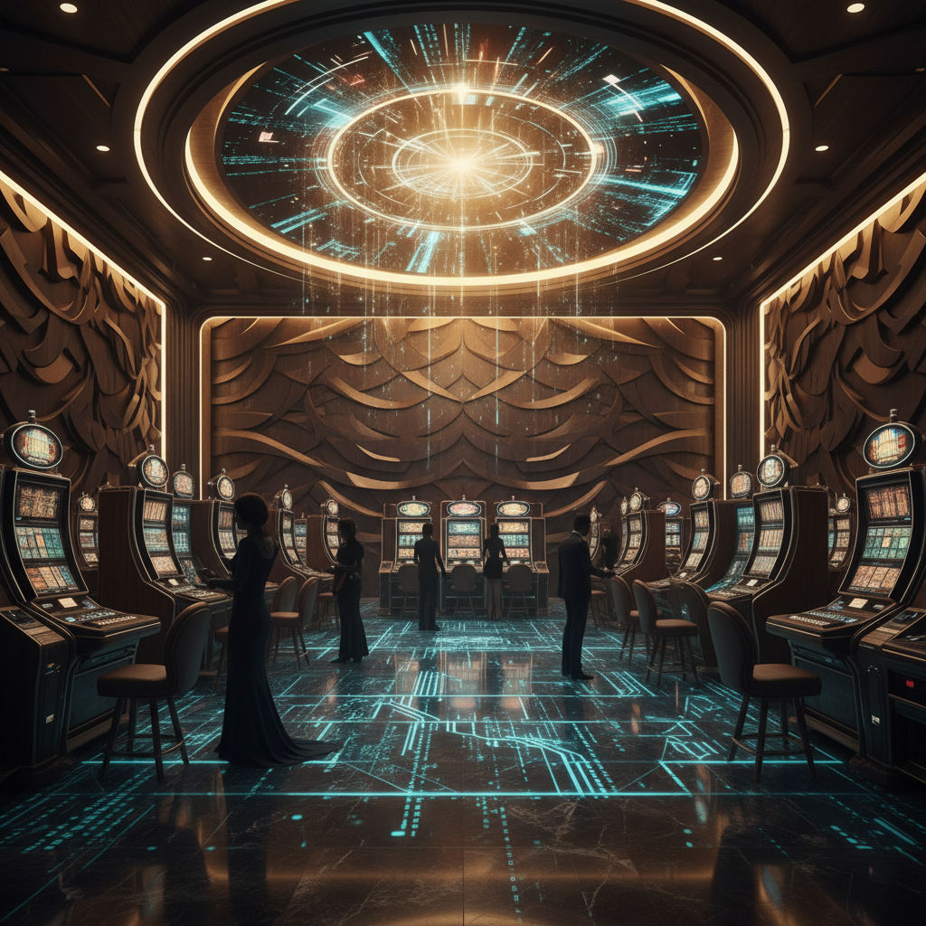 An artistic rendering of a modern casino interior in Southeast Asia. Digital code and circuit patterns are overlaid on the luxury casino floor. Warm lighting with a focus on a central digital display. Textured background with a sophisticated atmosphere. 4:3