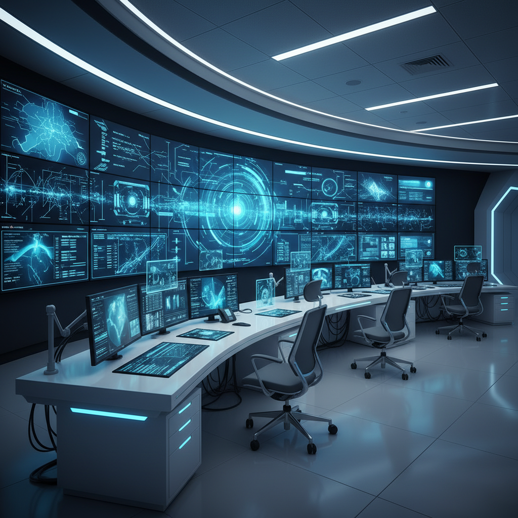A detailed composition of a futuristic security command center. Multiple monitors displaying complex network nodes and data streams. A professional setting with high-tech equipment and cool blue lighting. Clean and modern layout. No text or Korean characters. 4:3