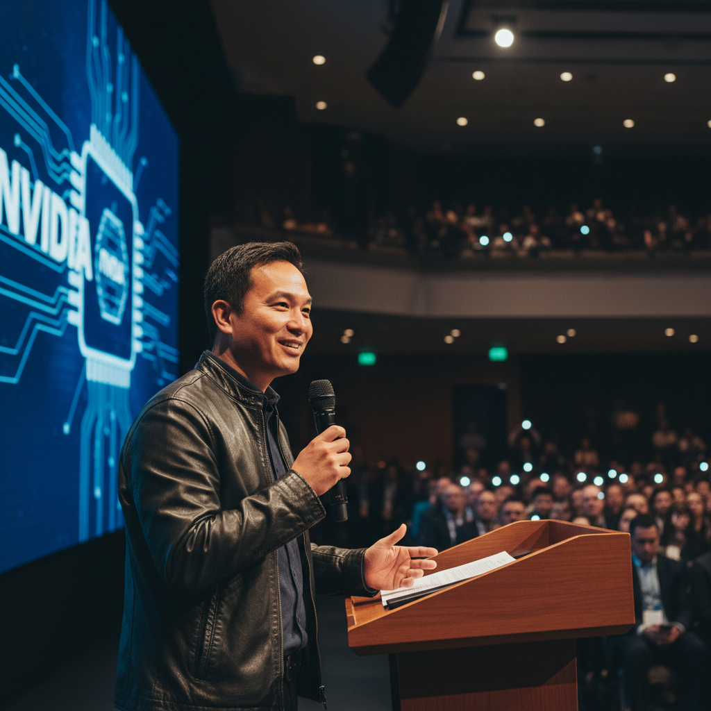 Jensen Huang speaking at a podium in a professional business conference setting, high quality photography, soft lighting, 4:3