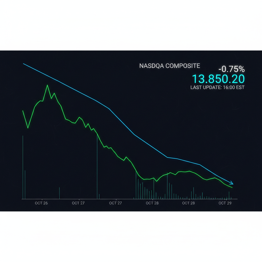A digital stock market chart showing a slight downward trend with glowing neon lines on a dark background, high contrast, 4:3