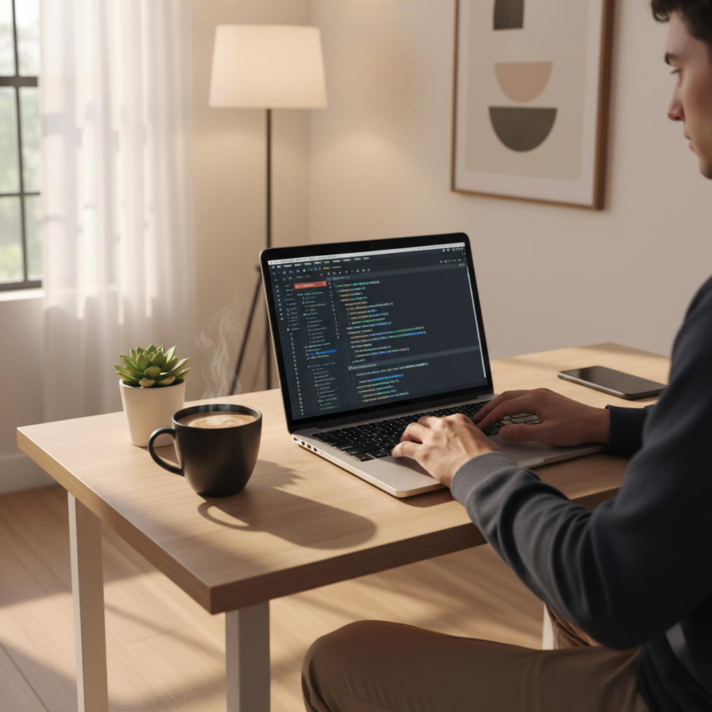 A professional software developer working on a modern silver Apple MacBook in a minimalist home office with warm ambient lighting. The screen shows a clean code editor interface with various programming symbols. On the desk there is a small succulent plant and a cup of coffee. High quality photography style natural lighting 4:3